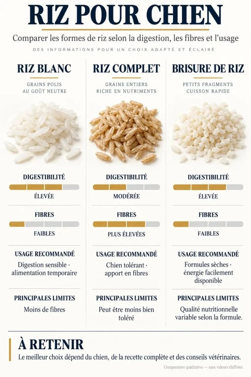 Comparaison des types de riz pour chien : riz blanc, riz complet et brisure de riz