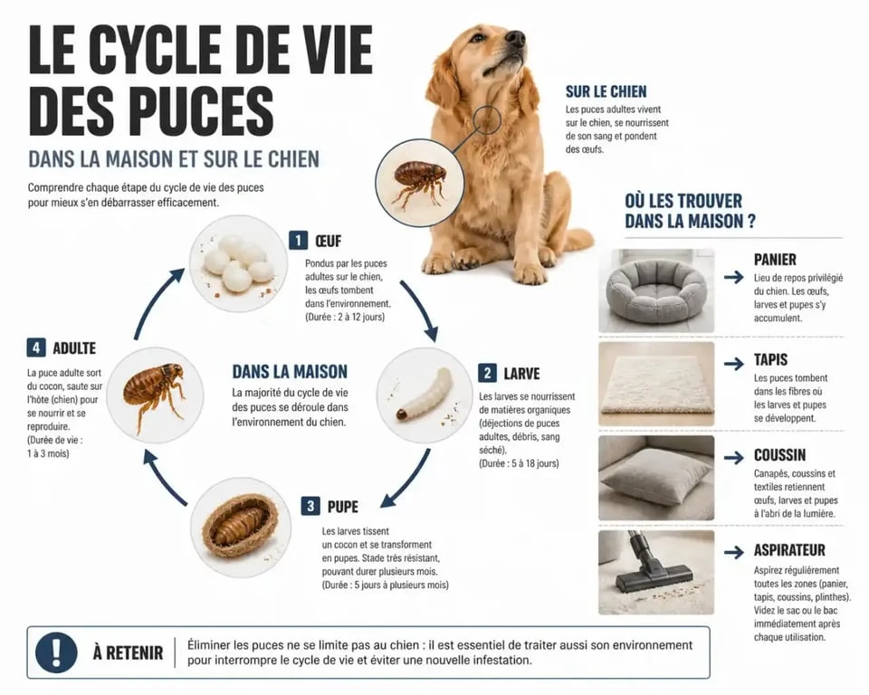 Cycle de vie des puces pour comprendre le meilleur anti puces chien et la contamination de l’habitat