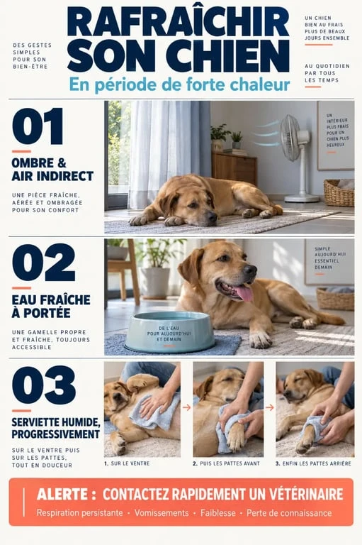 Illustration pour rafraîchir un chien avec eau fraîche, ombre et serviette humide