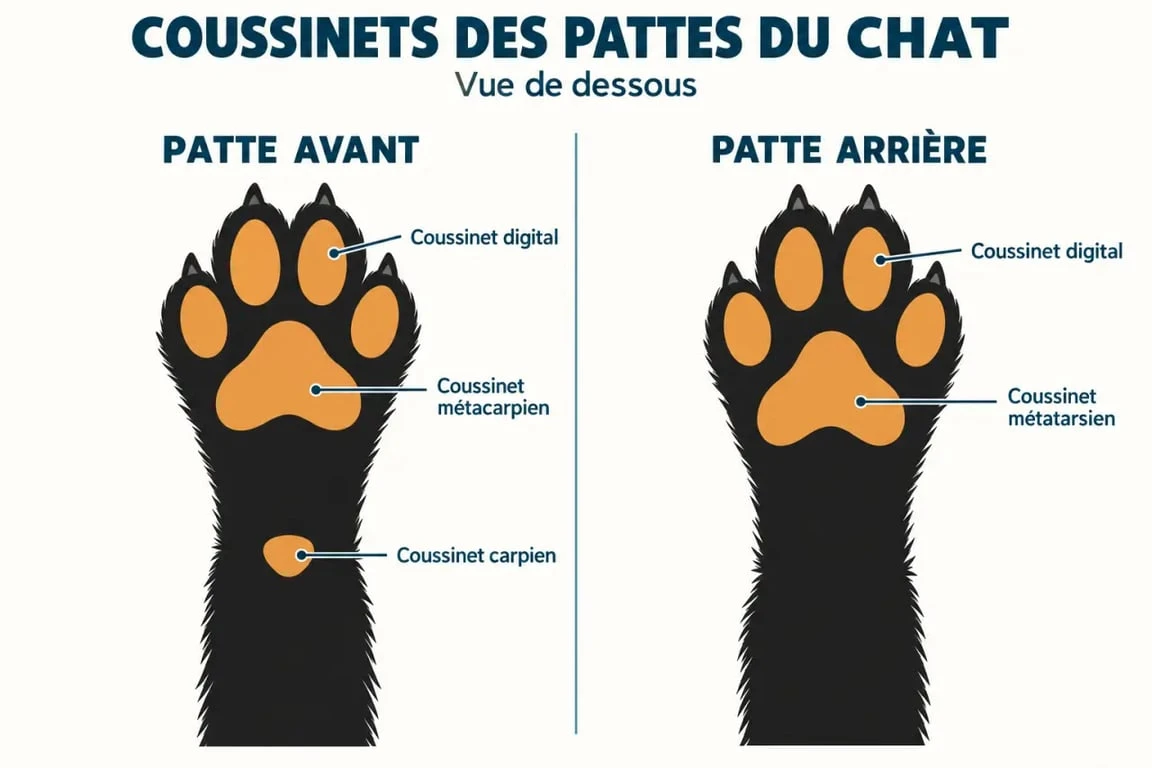 Schéma anatomique des coussinets du chat sur les pattes avant et arrière