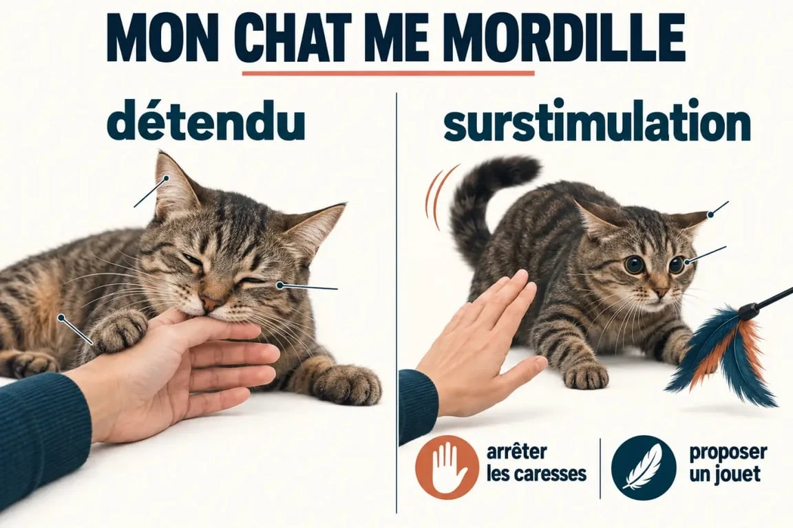 Infographie expliquant pourquoi mon chat me mordille selon ses signaux corporels