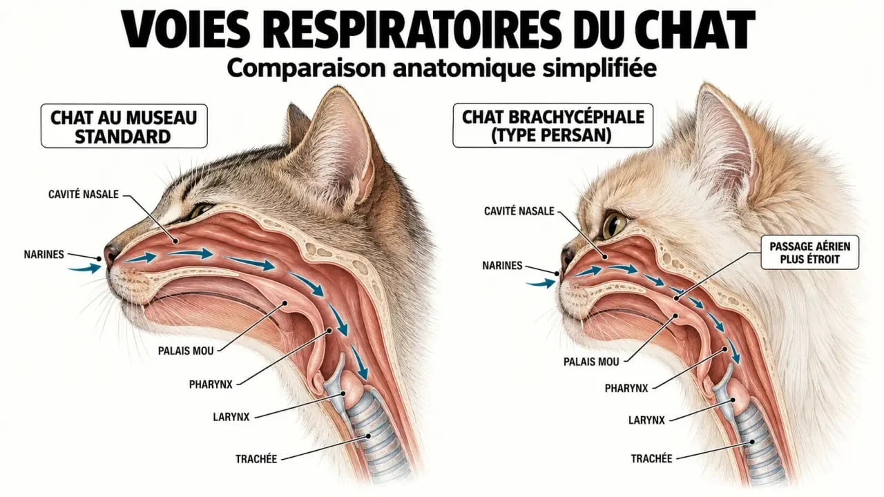 Schéma simplifié expliquant pourquoi certains chats au museau aplati peuvent ronfler