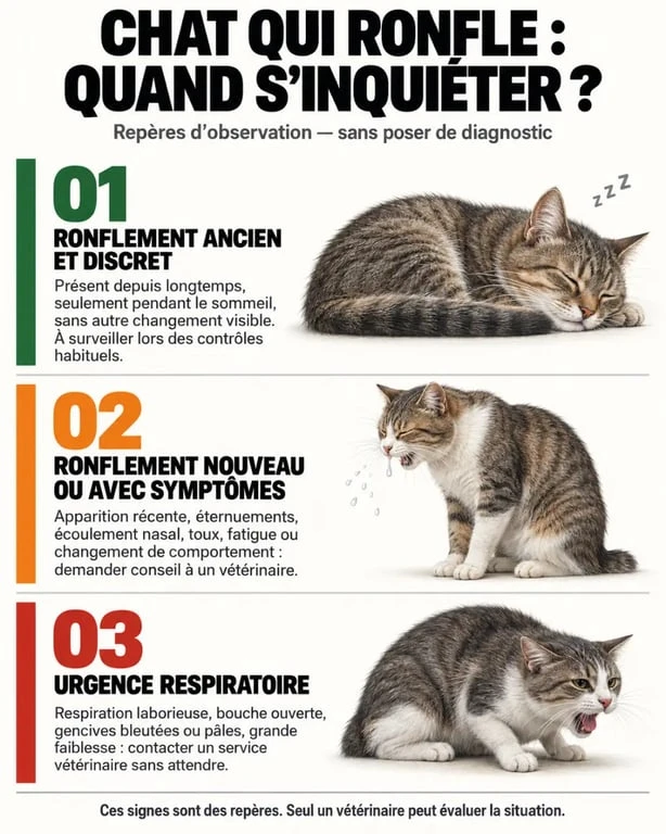 Infographie sur un chat qui ronfle et les signes indiquant quand consulter un vétérinaire