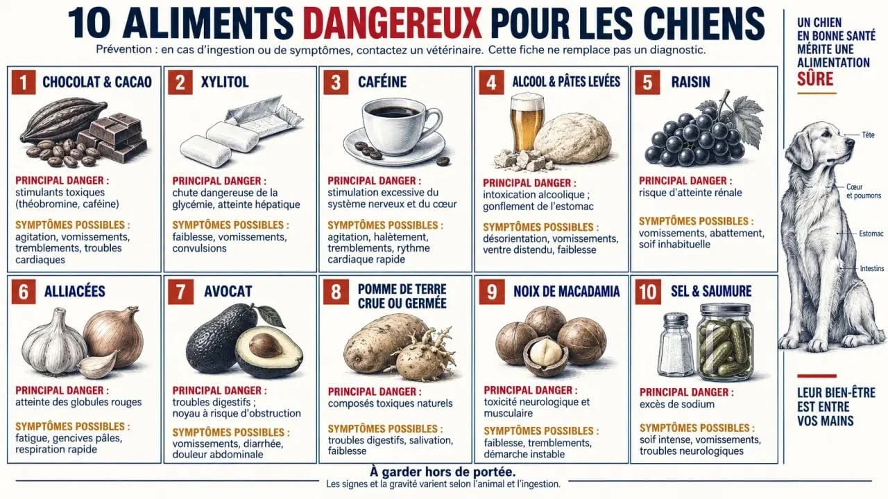 Infographie des 10 aliments dangereux pour les chiens et de leurs principaux risques