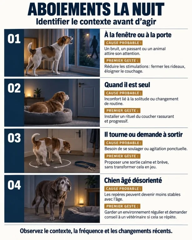 Infographie sur l’aboiement chien nuit : causes possibles et premiers gestes utiles