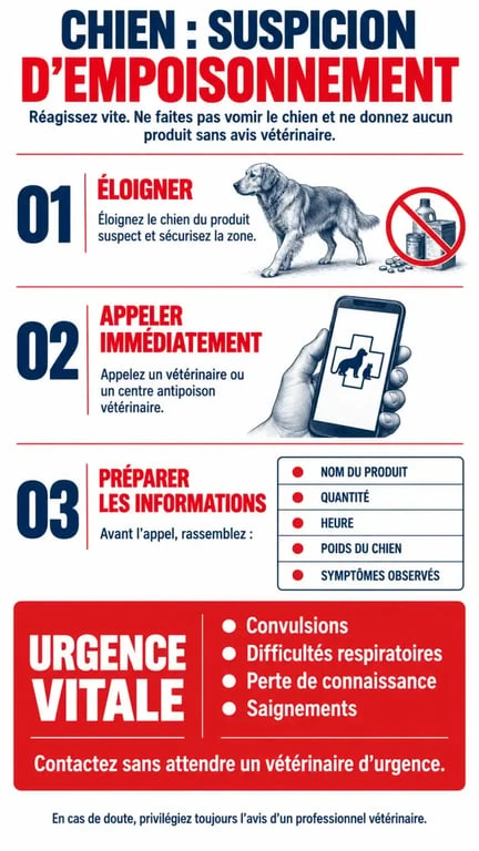 Infographie sur l’empoisonnement chien : gestes urgents et signes de gravité