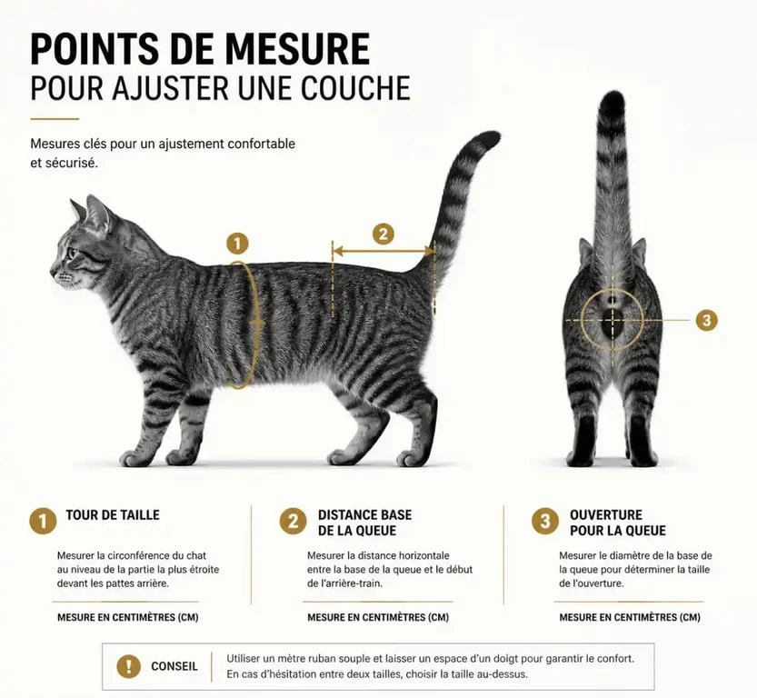 Schéma explicatif pour mesurer et ajuster une couche pour chat correctement
