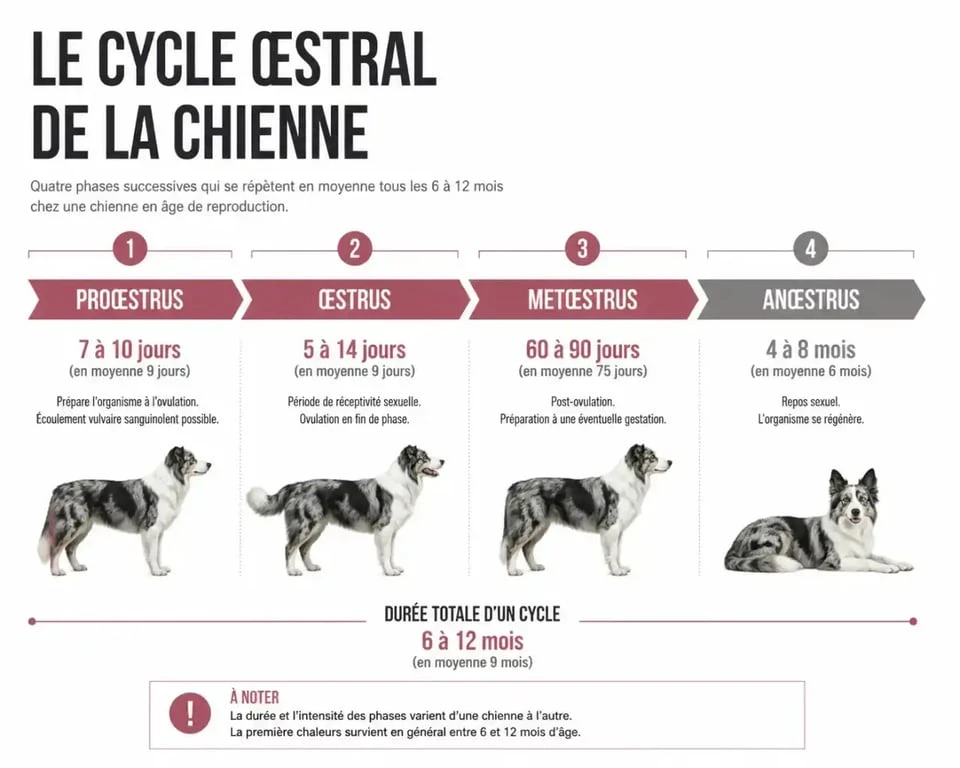 Schéma des phases de chaleur d'un chien femelle et durée du cycle œstral