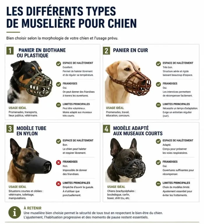 Infographie comparative des types de muselière pour chien et de leurs usages