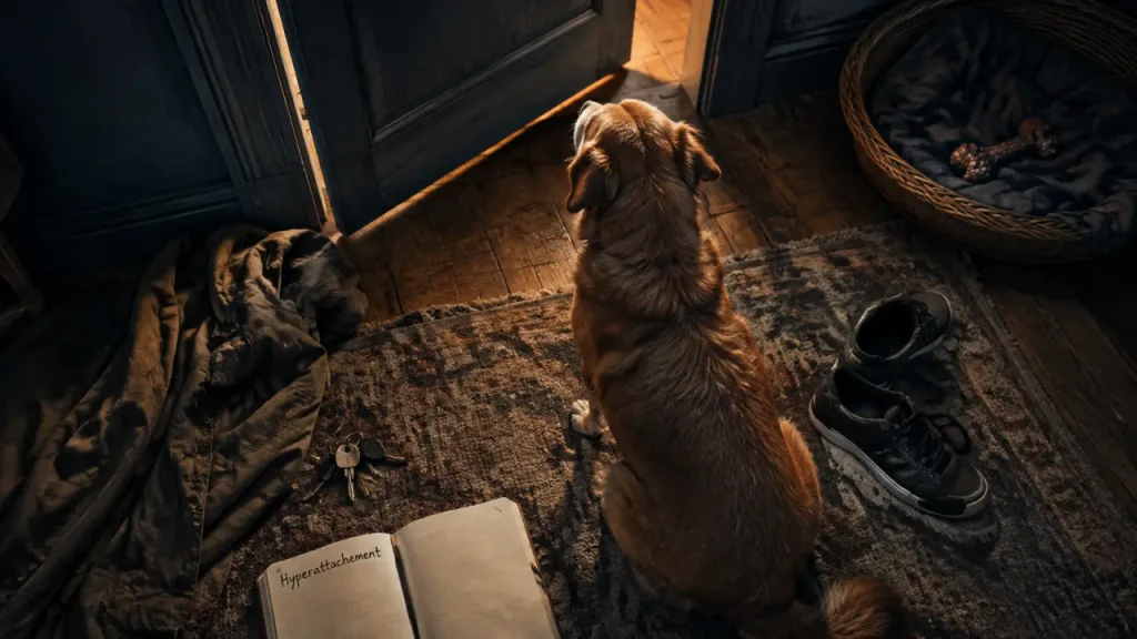 Chien en hyperattachement, clés et chaussures à côté de la porte entrouverte