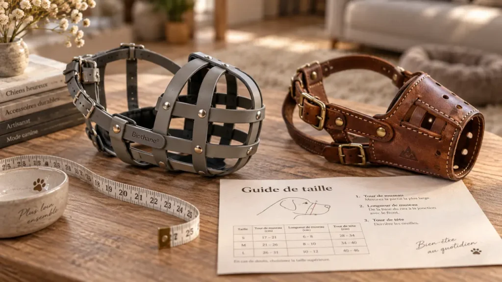 Museliere pour chien et guide de taille sur table