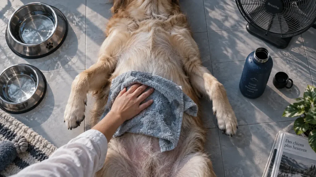 Rafraîchir un chien : serviette humide et eau fraîche