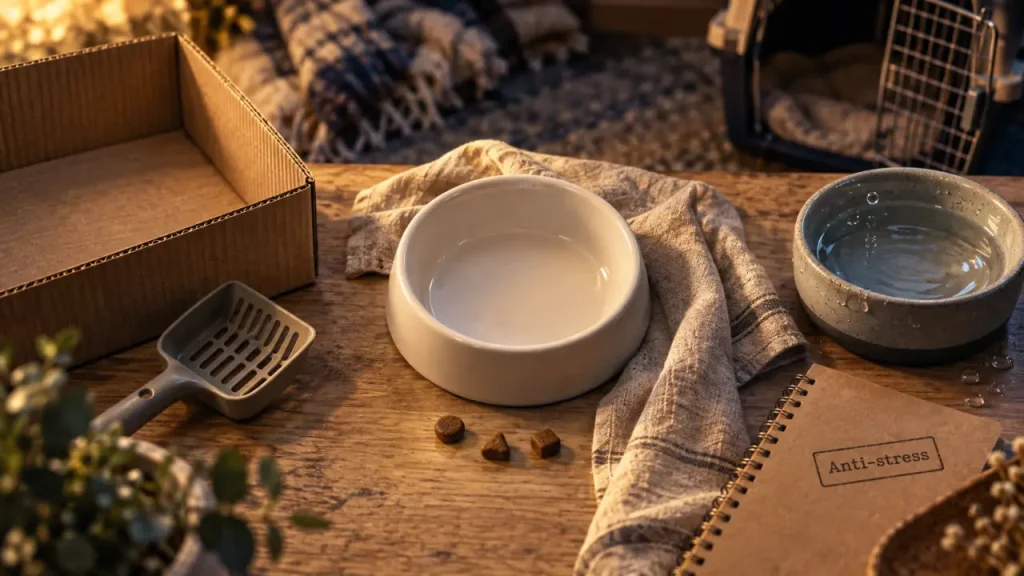 Croquette chat anti stress : gamelle et croquettes sur table
