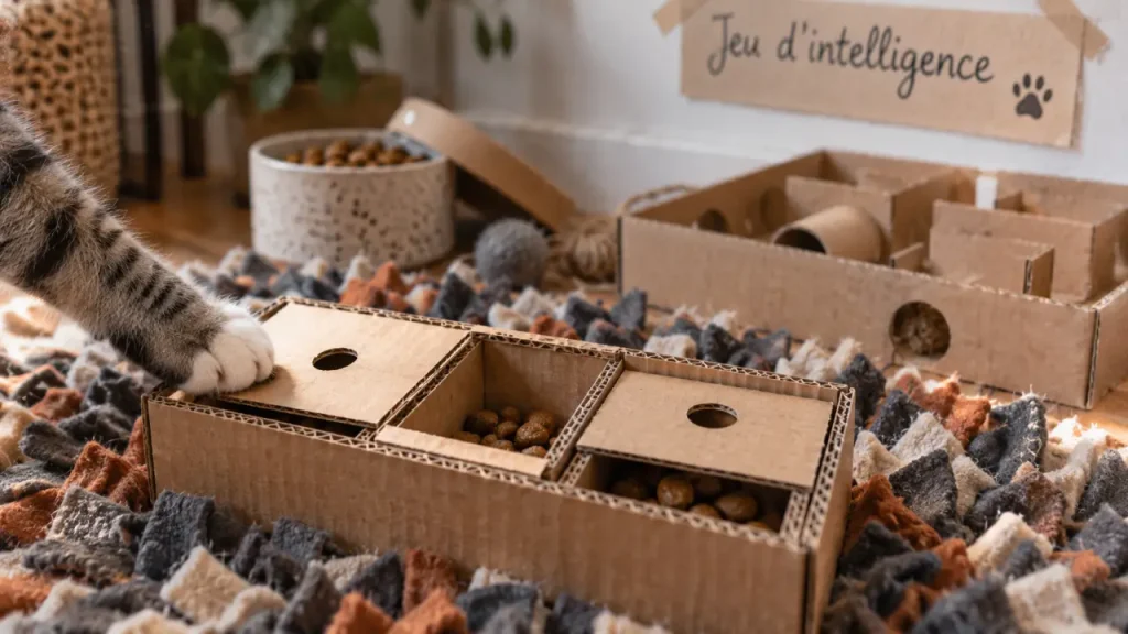 Jeu intelligence chat : puzzle alimentaire carton à 3 compartiments