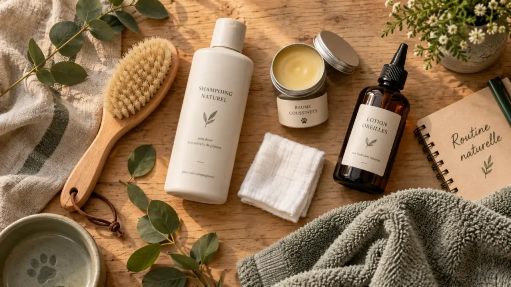 Soins naturels animaux : shampoing, baume coussinets et lotion oreilles
