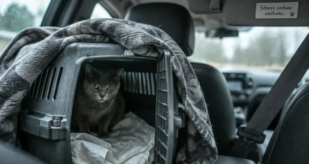 Stress du chat en voiture : chat dans une caisse de transport
